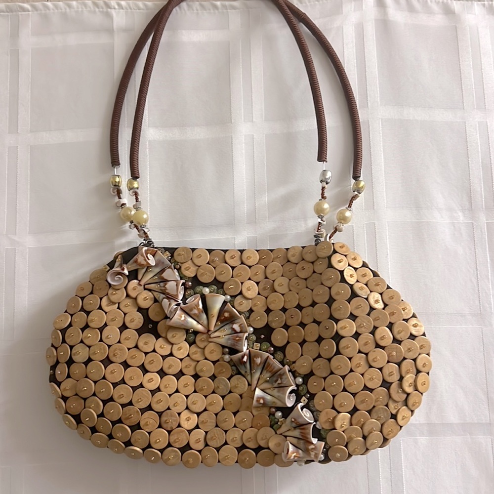 Unique Shell Button Purse Shoulder Bag Brown - image 1